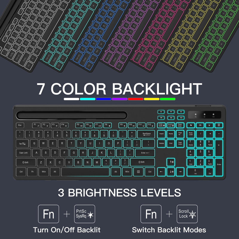 Wireless Keyboard with 7-Color RGB Backlit, Full-Size Computer Keyboard with Phone Tablet Holder, Rechargeable 2.4G Wireless Gaming Keyboard with Light Up Key, Compatible with Mac, Windows