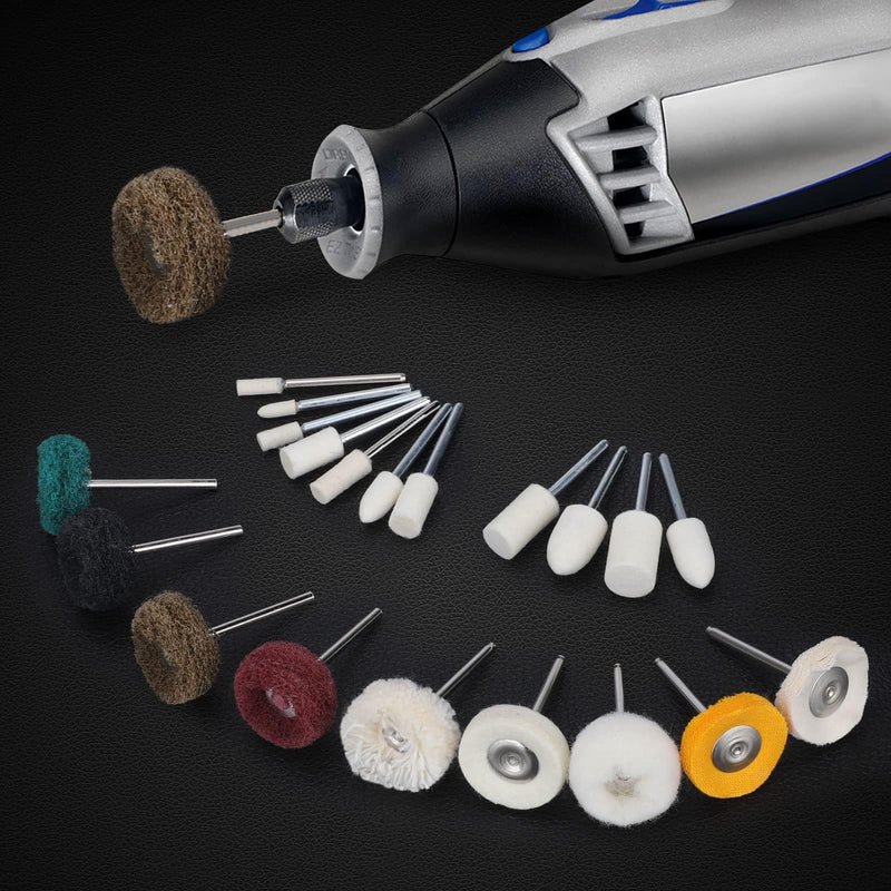 EEEKit Pack of 58 25 mm Abrasive Polishing Discs with 1/8 Inch (3 mm) Shaft Polishing Disc, Wool Felt Mounted Mandrel, Mini Brush Polishing Set for Rotary Tools