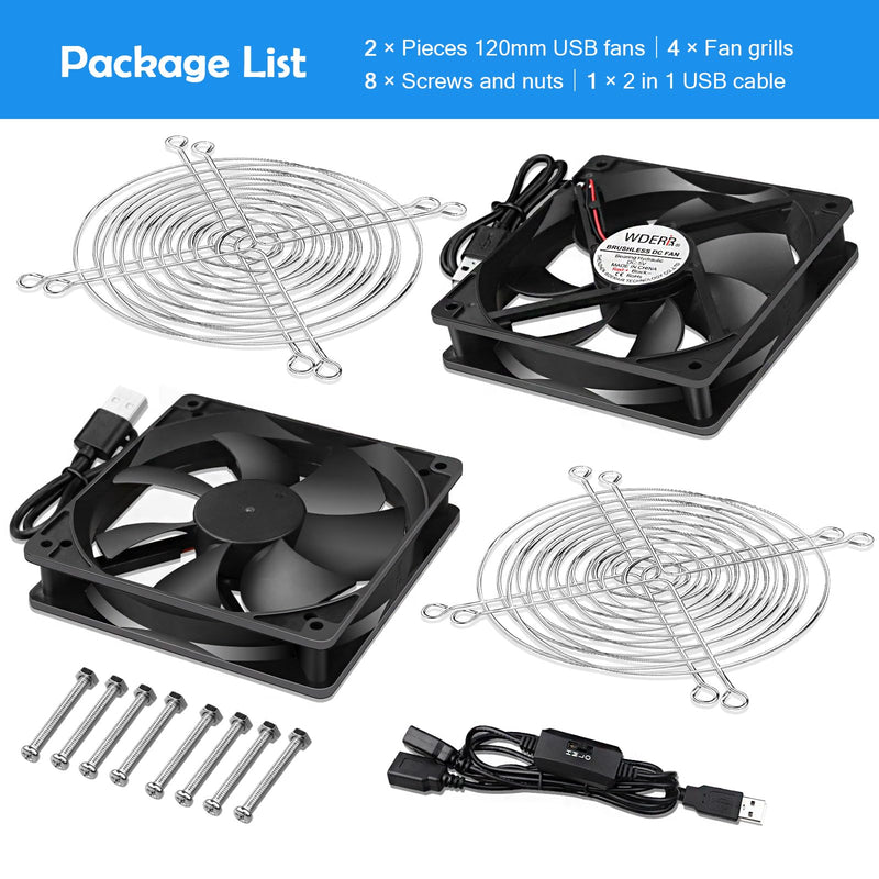 120mm Computer Case 5V USB Powered Fan, Small Silent Flat Cooler with Speed Controller for Receiver/Router/Electronic Equipment（2-in-1 Pack） 2 in 1-12025-USB