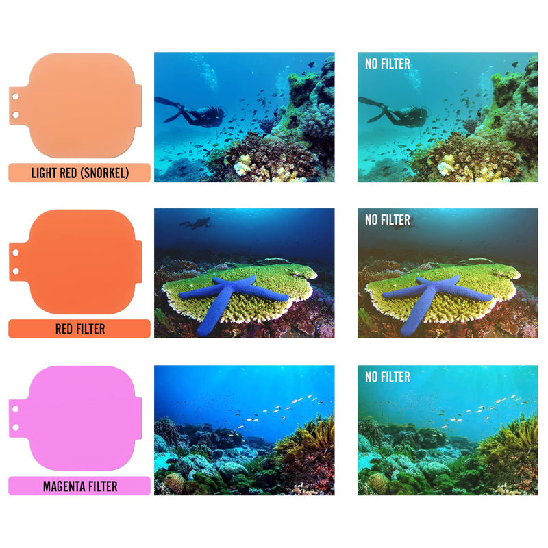 3 Pack Dive Filter Lens for Gopro Hero 8/9/10/11/12 Official Underwater Diving Waterproof Housing Protective Shell Red, Light Red, Magenta