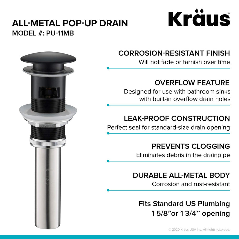 KRAUS Pop-Up Drain with Overflow in Matte Black, PU-11MB