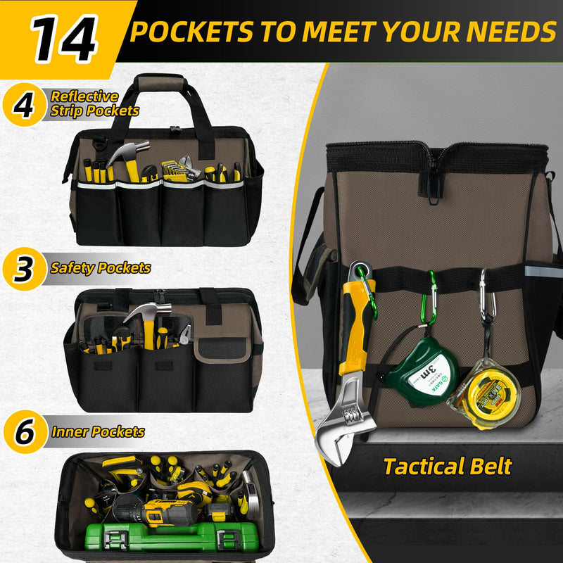 NECKORY Tool Bag, Portable Tool Box Organizer Adjustable Shoulder Strap, Carry Tool Tote Heavy Duty Tool Storage Bag With Wide Mouth,Tool Bags for Men Mechanic EngineerGift - L, Coffee & Black