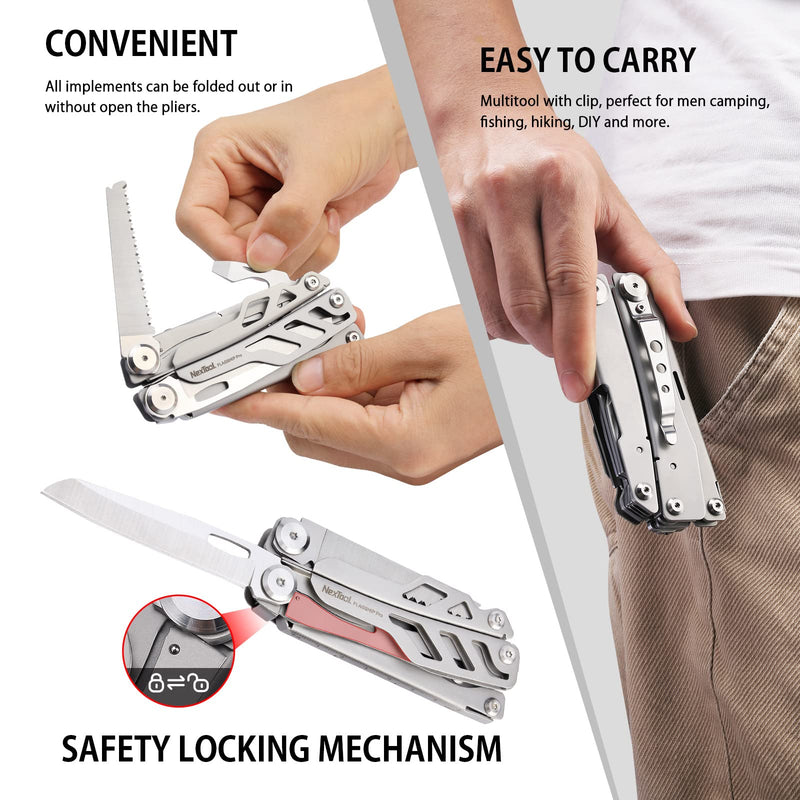 NexTool Flagship Pro Multitool, Foldable Utility Knife with Safety Locking, EDC Multitool with Pocket Knife, Full Size Scissors, Can Opener for Camping, Survival, Fishing, Cool Gifts for Men Sliver