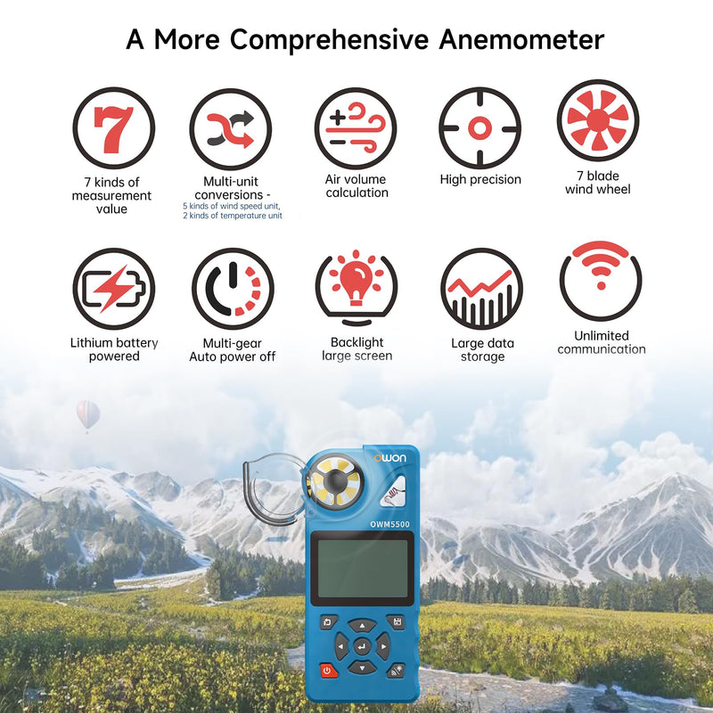 OWON OWM5500 Digital Anemometer, Portable HVAC Anemometer for CFM Airflow, Wind Meter Measures Wind Speed, Temperature and Relative Humidity with USB Sync to PC