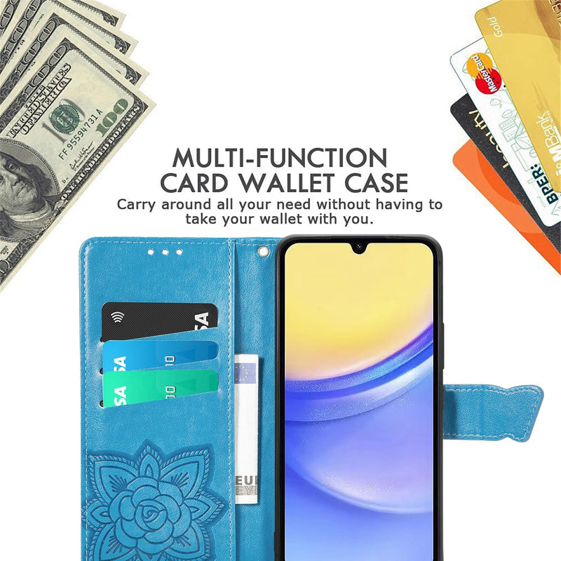 for Samsung Galaxy A15 Wallet Case, [Butterfly & Flower Embossed] Premium Leather Case Cover with Card Slots Kickstand Flip Case for Samsung Galaxy A15 (Blue) Blue