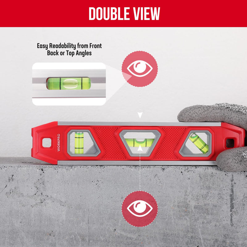WORKPRO spirit level magnetic 23 cm, mini spirit level torpedo spirit level with 3 levels 45°/90°/180°, impact-resistant block level, aluminum frame, strong magnet, can be read from above, for construction professionals