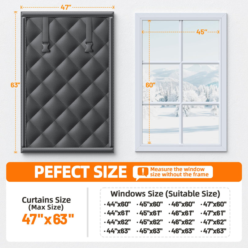 Window Insulation Kit for Winter 47"x63" Cold Weather Thermal Curtain with Heavy Cotton, Insulated Window Cover for Winter & Windows Draft Blocker for Winterizing Windows in Home RV Basement–Black 47"W × 63"H