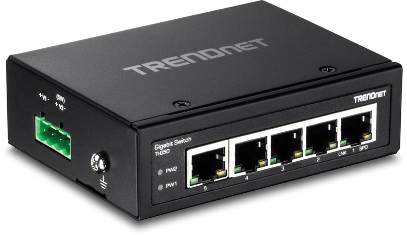 TRENDnet 5-Port Hardened Industrial Gigabit DIN-Rail Switch, 10 Gbps Switching Capacity, IP30 Rated Network Switch (-40 to 167 ºF), DIN-Rail and Wall Mounts Included, Lifetime Protection,Black,TI-G50 5 Port Switch