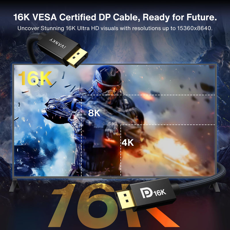 IVANKY 16K Displayport Cable 3.3ft, VESA Certified Short DP 2.1 Cable [16K@60Hz, 8K@120Hz, 4K@240Hz/165Hz, 2K@360Hz],DisplayPort 2.1 Cable Support HDR10, HDCP 2.2 for Gaming Monitor/PC/Graphics, 3.3FT 3.3 Feet 1