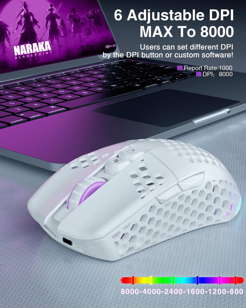 SM600 White Wireless Gaming Mouse,8000 DPI Tri-Modes BT5.1/Type-C Wired/2.4G Wireless Mouse with 2 Side Buttons, Programmable Macro Gamer Mouse with RGB Light for Laptop/PC/Mac SM600 PRO