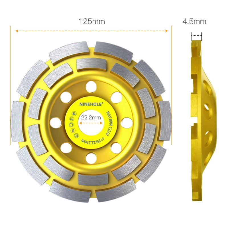 Set of 2 Diamond Cup Wheels, 125 x 22.23 mm, Double Row, Diamond Milling Wheel for Stone, Granite, Natural Stone, Concrete, Masonry, Dry Tile Adhesive, Screed
