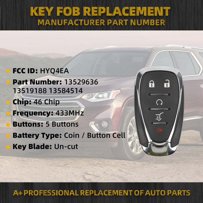 Dasbecan Key Fob Replacement Compatible with Chevy Traverse 2018 2019 2020 Blazer 2019 2020 Smart Proximity Keyless Entry Remote Control Replaces HYQ4EA 13529636 13519188 433Mhz 5 Buttons