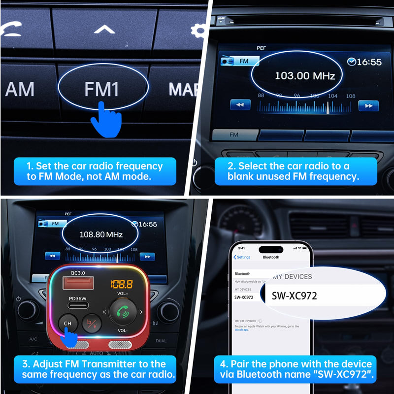 Syncwire Bluetooth 5.4 FM Transmitter Car Adapter 54W (PD 36W & 18W) [Stronger Dual Mics] [Light Switch] [HiFi Bass Sound] [Fast Charging] Wireless Radio Receiver Hands-Free Calling LED Display, Red