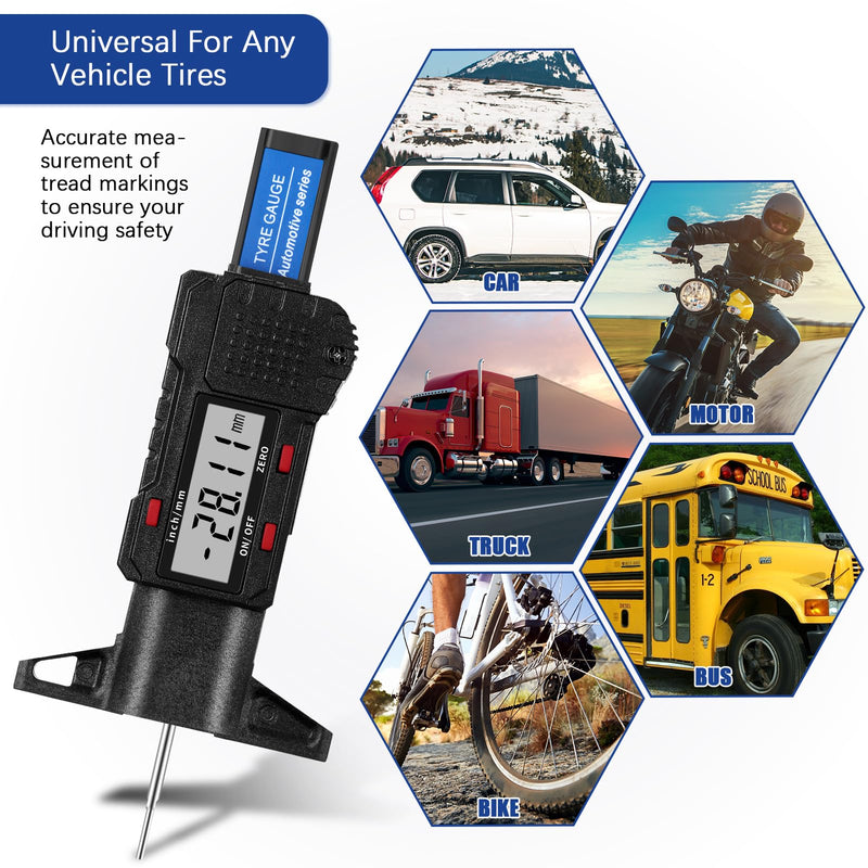 Frienda 3 Pieces Tire Tread Depth Gauge Tool Digital Tire Tread Depth Gauge LCD Display Tread Checker with Inch and MM Conversion for Motorcycle, Car, Truck and Bus, Silver, Black, Blue