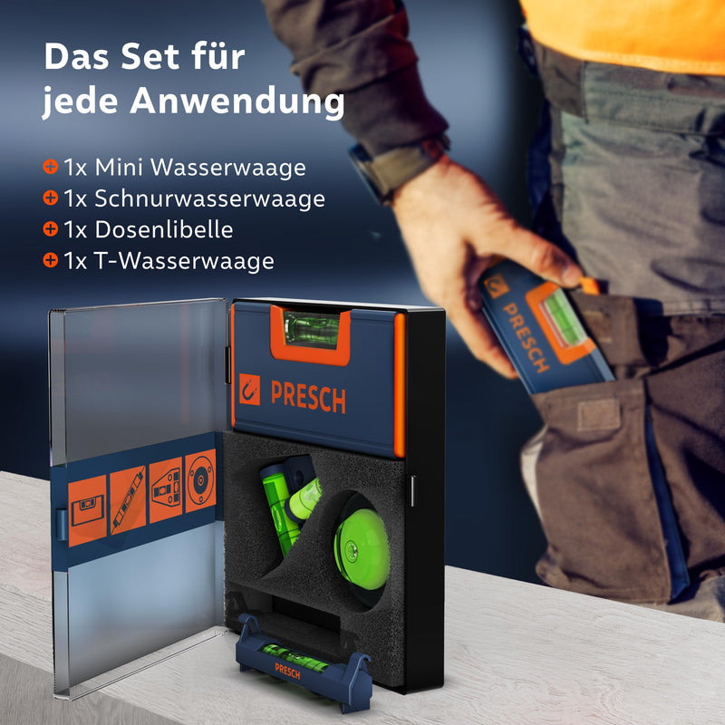 Presch mini spirit levels set 4 pieces. - Mini spirit level, cross spirit level, circular spirit level and string spirit level - All-round set - Reinforced magnet for maximum adhesion - Break-proof acrylic glass spirit levels set of 4.