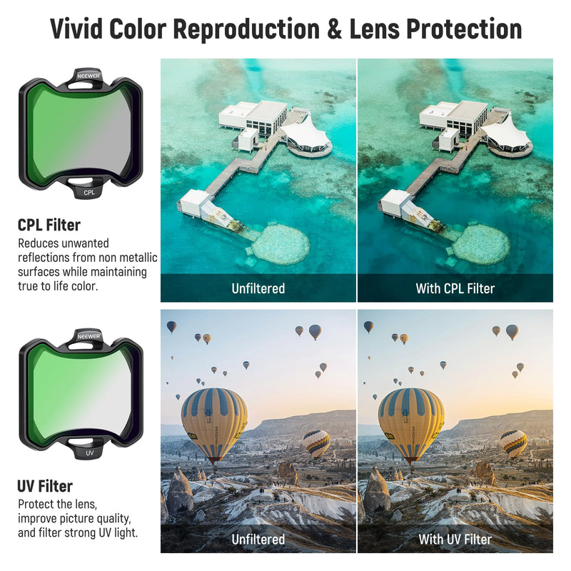 NEEWER Snap On ND&UV&CPL Filter Set Compatible with DJI Avata 2, 6 Pack UV Filter & CPL Filter & Neutral Density Filters, ND8 ND16 ND32 ND64, Ultra Slim Frame & Double Sided Coated HD Glass