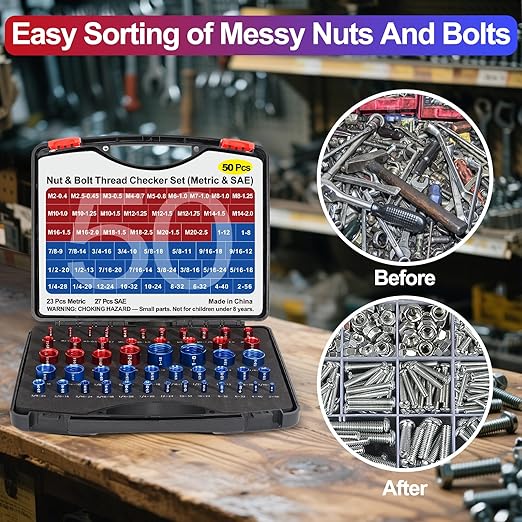 50Pcs Thread Checker, Bolt Size Finder Nut and Bolt Thread Checker, 23 Metric & 27 SAE Box Set Thread Gauge Size Checker in Narrow Area