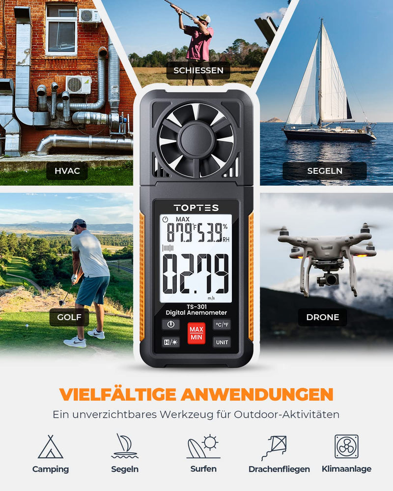 TopTes TS-301 Digital Anemometer with 2.26 Inch LCD Screen Anemometer Handheld Backlight Wind Speed Meter Gauge, Precise Wind Speed Measurement for HVAC Sailing/Surfing/Drone Orange