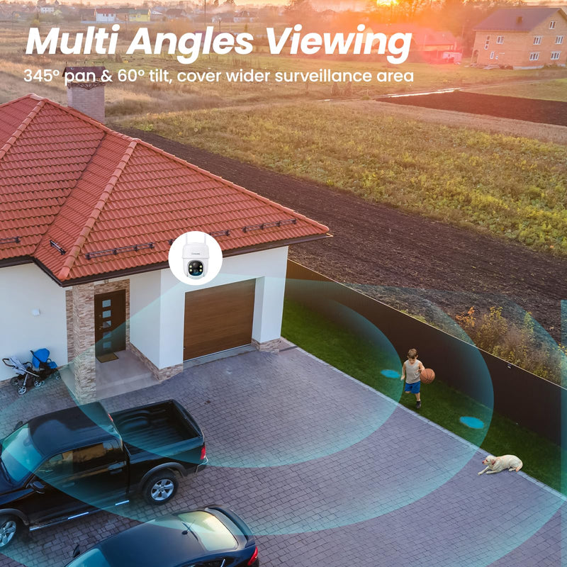Cinnado Security Cameras Wireless Outdoor-2K Cameras for Home Security Outside Solar/Battery Powered 2.4G WiFi, 360° Color Night Vision,2 Way Audio, PIR Human Detection,Compatible with Alexa