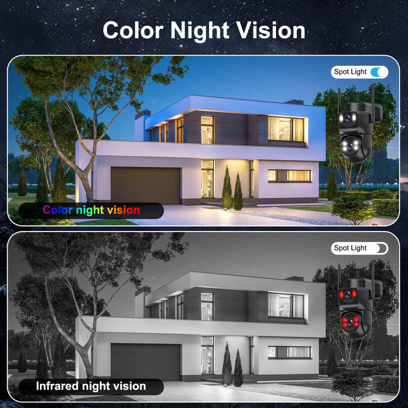 4K Solar Security Cameras Wireless Outdoor, 2.4G/5Ghz WiFi Cameras for Home Security, Dual Lens Solar Camera with Auto Tracking, Human Detection, Color Night Vision, Spotlight Siren,Alexa Black 1 Pack