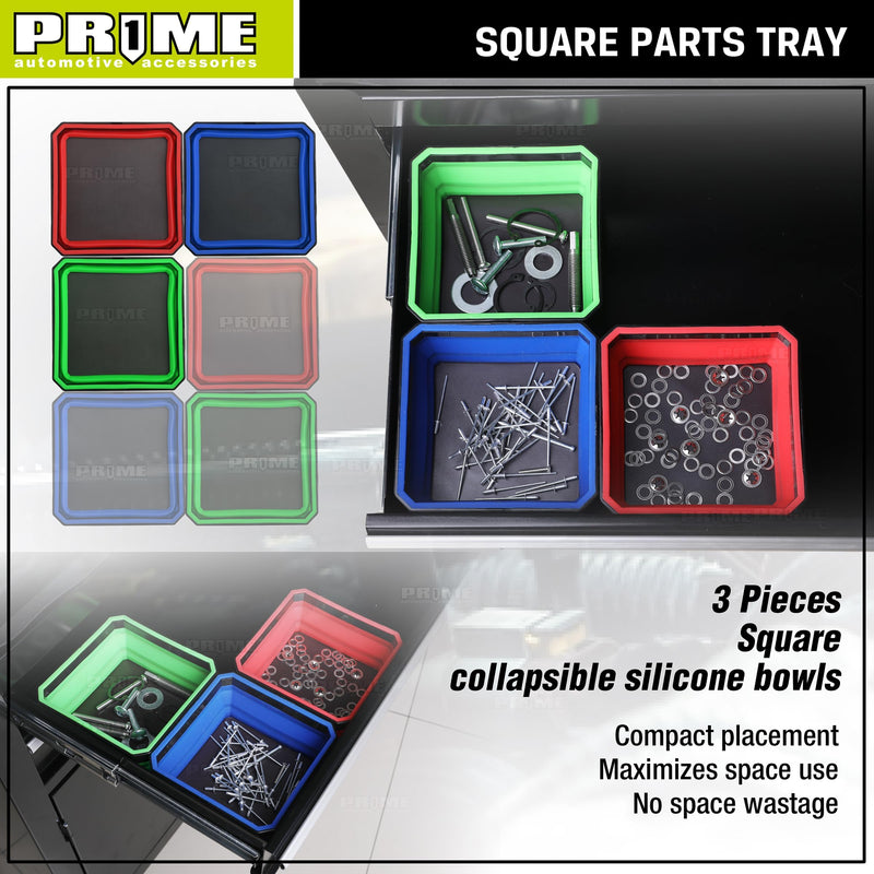 PR1ME Collapsible Magnetic Parts Tray Set, Foldable Magnetic Tray, 3 Pieces 4.25 inch Square Silicone Bowls with Magnetic Base Stores and Organizes Small Parts and Tools Basic Trays