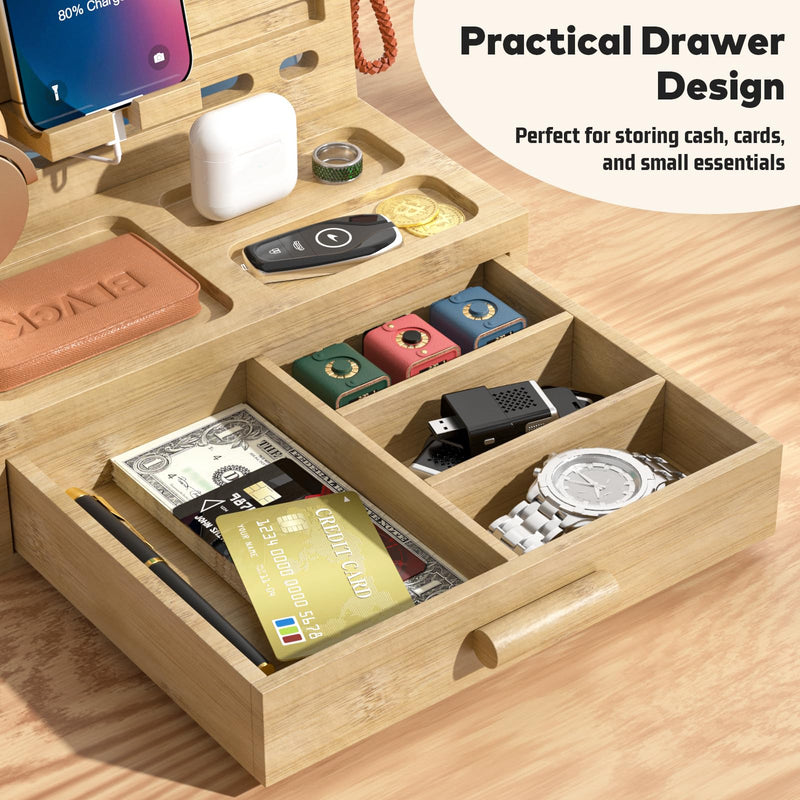 Sephyroth Bamboo Phone Docking Station Nightstand Organizer Bedside Organizer Cell Phone Stand Gifts for Men, Dad Gifts for Boyfriend Gift for Husband with Drawer Storage (Wood) Wood