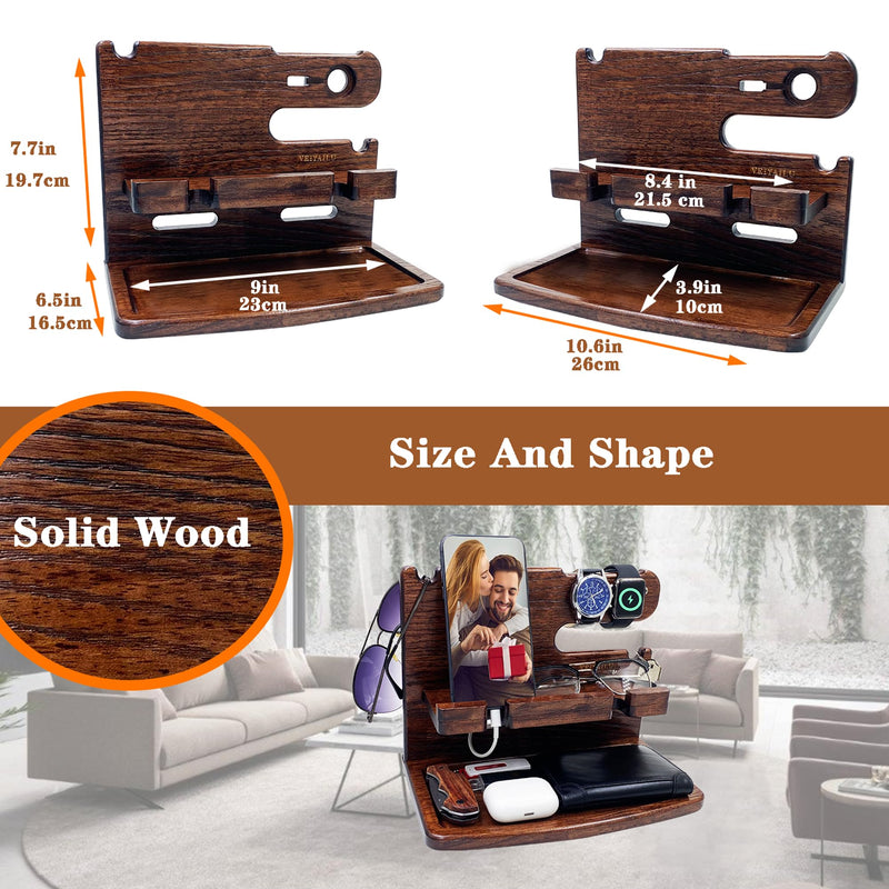 Gifts for Men Women Dad Husband Boyfriend Wood Phone Docking Station Nightstand Organizer for Men Birthday Gifts (Dark Brown) dark brown