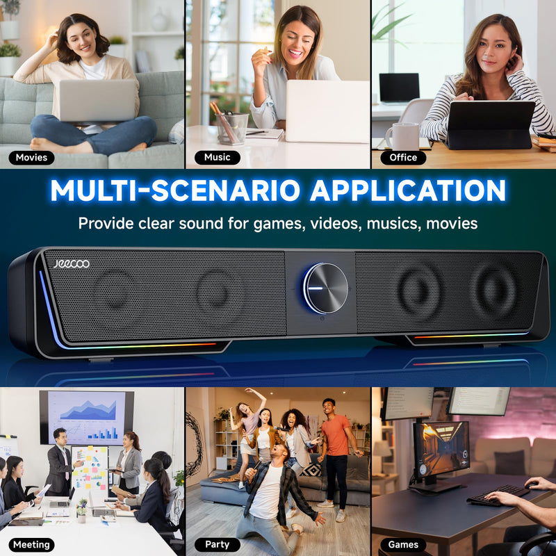 Jeecoo A40 Bluetooth Computer Speakers with Clear Sound, USB Plug & Play PC Speakers with LED Light, Computer Sound Bar with Switch Button for Desktop Laptop Monitor (USB-C Adapter Included) Black