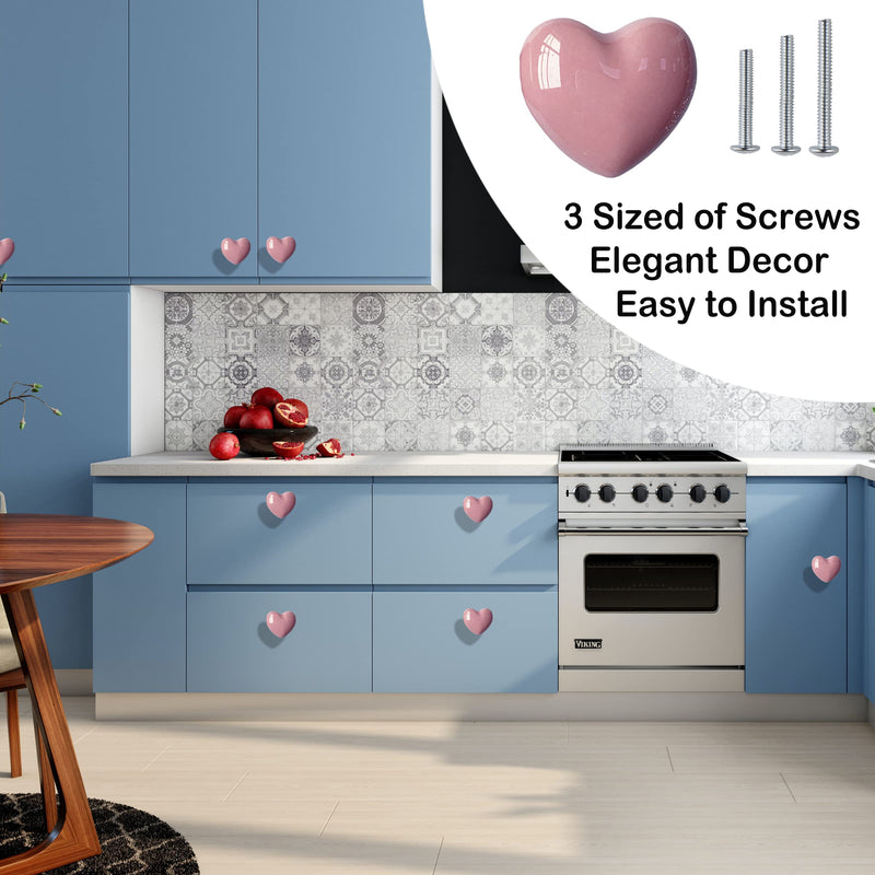 Ceramic Drawer Knobs Heart Shape Cabinet Dresser Pulls Handles with 3 Sized Screws, Kitchen Furniture Knobs for Closet Cupboard Wardrobe (20, Pink) 20 Pack