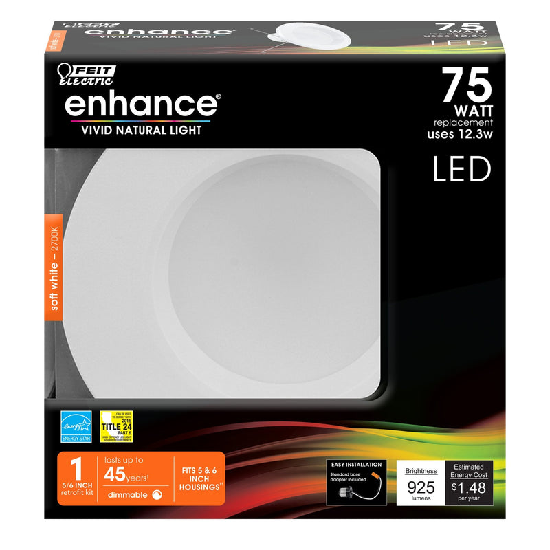 Feit Electric 5-6 inch LED Recessed Downlight - Pre-Mounted Trim - Standard Base Adapter - 2700K CCT Soft White - Dimmable- 75W Equivalent - 45 Year Life - 925 Lumens, LEDR56/927CA 1 Count (Pack of 1) 75W + 2700K