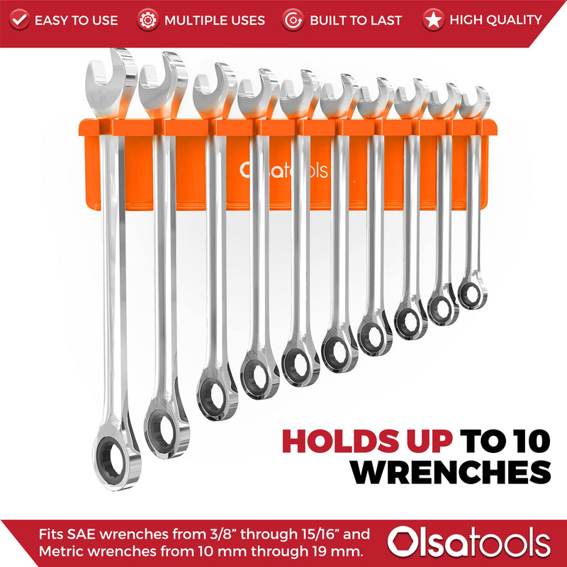 Olsa Tools Magnetic Wrench Holder Organizer - Orange - Fits SAE 3/8" to 15/16" & Metric 10mm to 19mm - Durable Tool Storage Solution - Part 1559