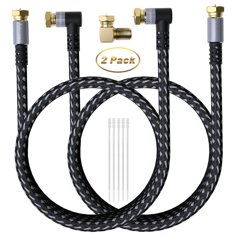 Adoreen Coaxial Cable 10 ft-2 Pack-Right Angle Quad Shielded 90 Degree RG6 Coax Cable Cord, Male F Gold-Plated Nylon-Braided, in-Wall, Digital TV Aerial AV with Angled Male to Female Adapter+15 Ties 10ft-2PK Angled to Straight