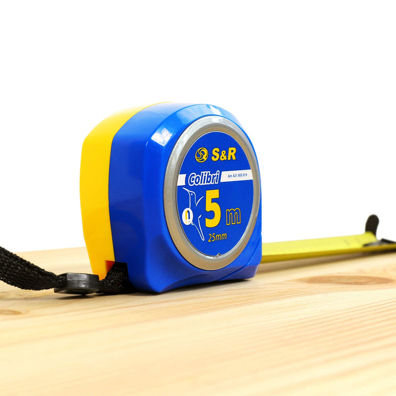 S&R tape measure 5m x 25 mm with magnetic hook, COMPACT and ROBUST, nylon polymer tape measure printed on both sides, belt loop, impact-resistant housing, COLIBRI series, tape measure, ruler, tape measure, roll tape 5m x 25mm