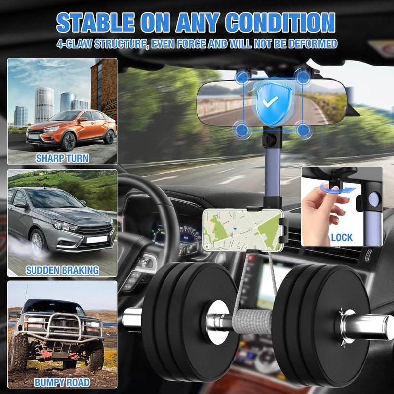 WinDu Rear View Mirror Phone Holder, 2025 Blue HD Panoramic 11.8'' Rearview Mirror with 360° Adjustable Phone Holder for Car SUV Trucks, 2 in 1 Cell Phone Car Mount for iPhone Android All Smartphone
