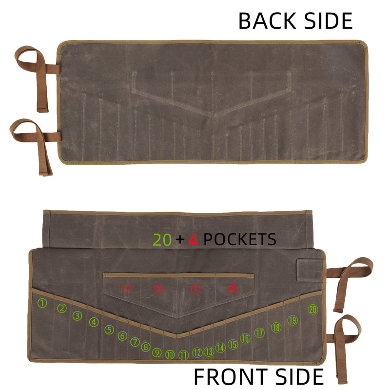 Denifiter Wrench Roll Up Pouch, Heavy Duty Waxed Canvas Tool Roll Bag Tool Organizer Bag With 20+4 Pockets (Brown) Brown