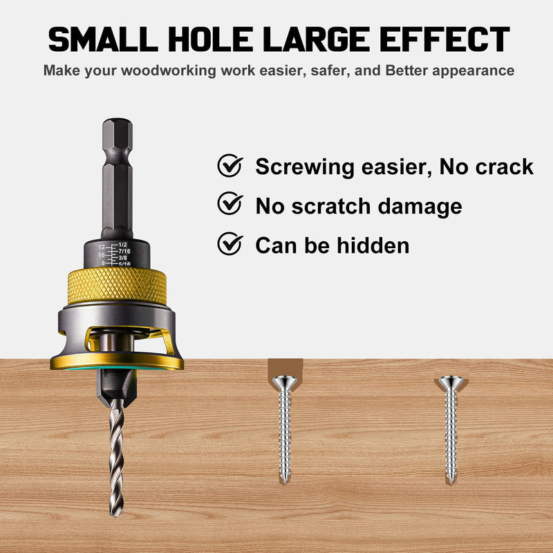 Countersink Drill Bit Set for Wood,17 PCS Counter Sink Drill Bit with 15PCS HSS Tapered Drill Bits and 1/4" Hex Shank Quick Change for Woodworking with Storage Box 17 pcs Yellow