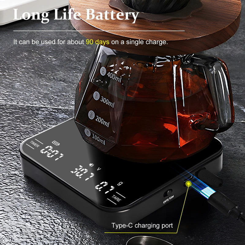 Digital Coffee Scale with Timer/Tare, 2kg/0.1g Precision Espresso Scale, Food Scale Rechargeable, Multiple Modes: Pour-Over/Espresso/Water Flow Speed, LED Display Kitchen Scale with g/oz/ml Black - Tempered Glass