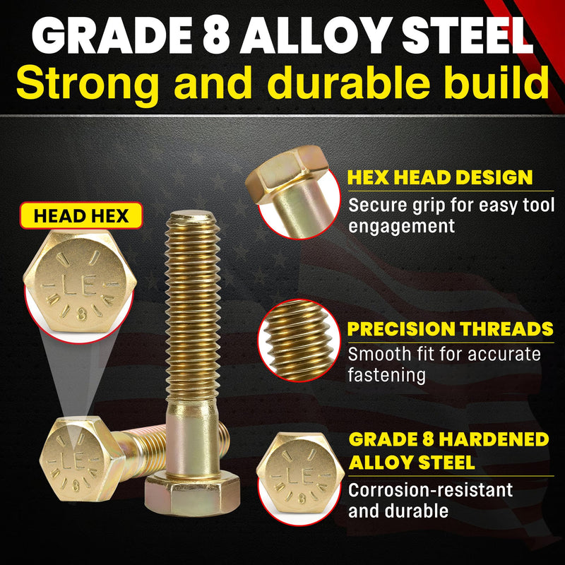 Chenango Supply 5/16-18 x 1-1/2" Grade 8 Hex Head Bolts – Alloy Steel, Yellow Chromate Zinc, USS Coarse Thread, 150,000 PSI Tensile Strength, High-Strength Hardware Bolts (50 Pack, 5/16-18 x 1.5 G8) 5/16-18x1-1/2 (50pcs)
