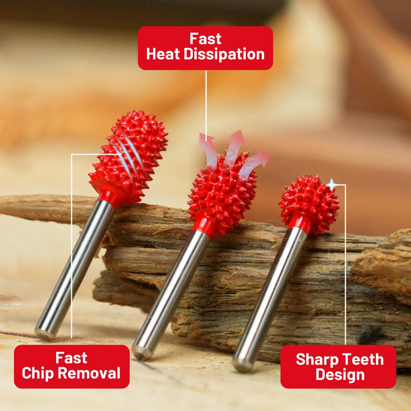 EZARC Tungsten Carbide Rotary Burr Kit, 1/8’’ Shaft Wood Carving Bits, Very Coarse Engraving & Material Removal Tool with Storage Case, 3-Piece Sb+sd+sg