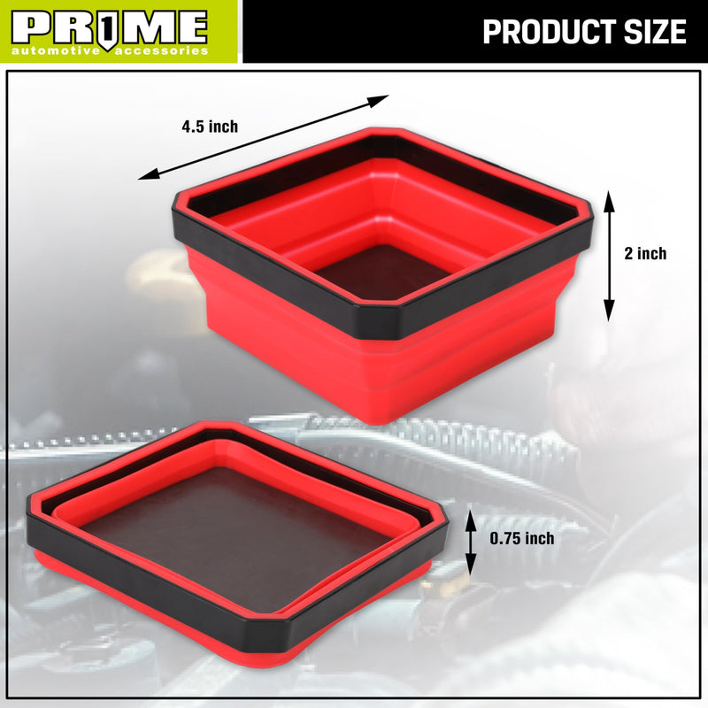 PR1ME Collapsible Magnetic Parts Tray Set, Foldable Magnetic Tray, 3 Pieces 4.25 inch Square Silicone Bowls with Magnetic Base Stores and Organizes Small Parts and Tools Basic Trays