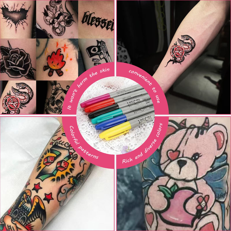 Set of 6 Tattoo Skin Marker Pens Set, Surgical Skin Marker for Tattoo Preliminary Drawings, Temporary Skin Drawing Pens with Fine Tip for Precise Contours and Makeup Designs