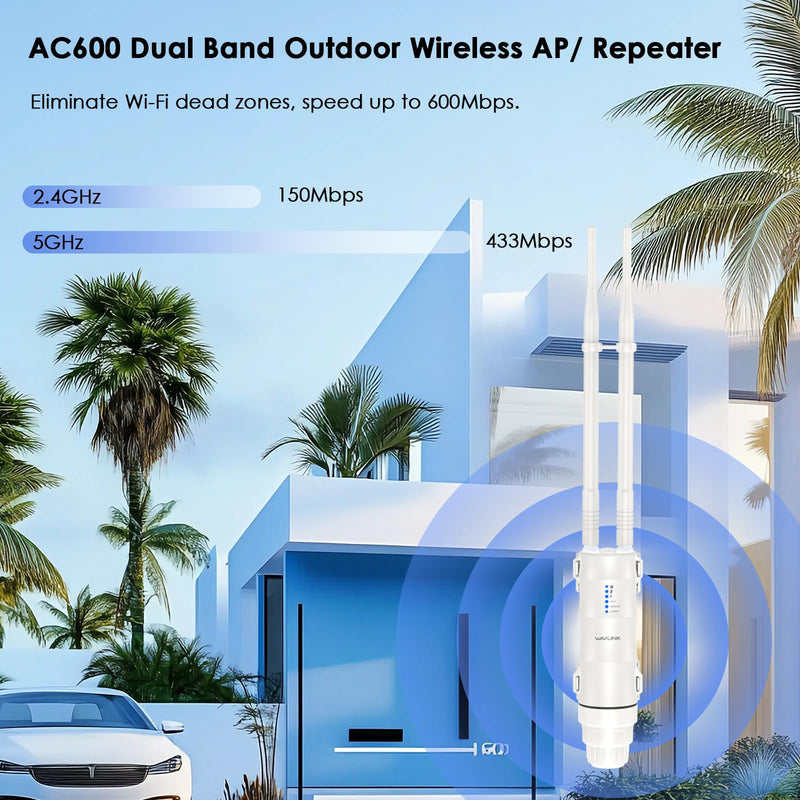 WAVLINK AC600 Outdoor WiFi Extender, Dual Band Long Range WiFi Extender with PoE, IP67 Weatherproof, 2x7dBi Detachable Antennas, Outdoor WiFi Access Point for Farm, Yard, Factory, Campsite, Gazebo