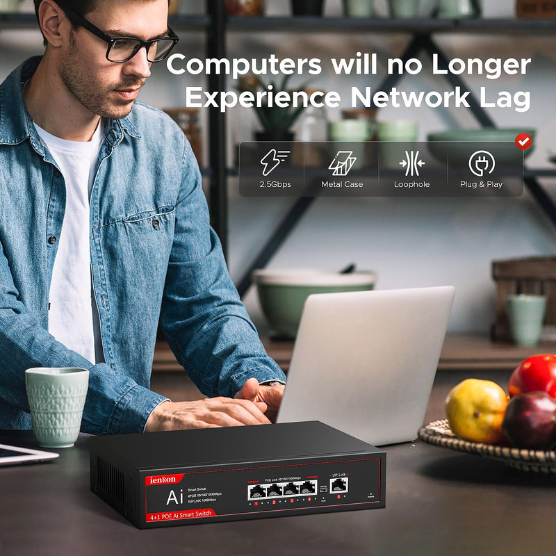 5 Ports PoE Gigabit Switch, 4-Port PoE Switches with 1 Uplink 1000Mbps Port, IEEE 802.3af, Plug and Play, VLAN Mode Unmanaged Ethernet Splitter Network in Metal Case, Wall Mount,Red / Black 5 Ports丨4 PoE+1 Uplink
