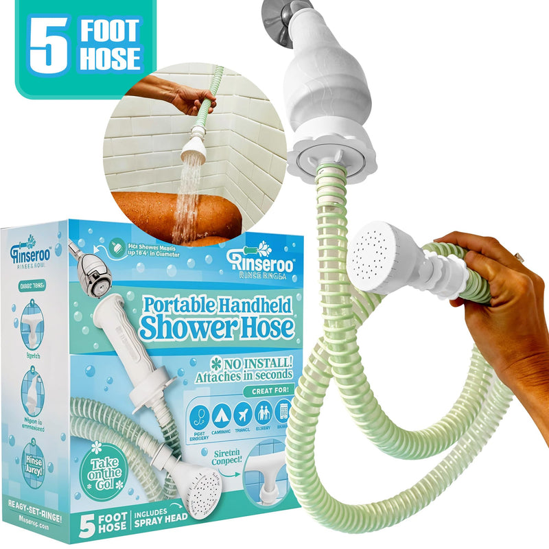 Rinseroo: Slip-On Handheld Shower Attachment Hose w/Spray Head-for Seated Bathing. Converts Fixed Shower Head into Handheld Bather. Portable, No-Install Shower Hose Wand for Seniors, RV. Gravity fed. 5 Feet