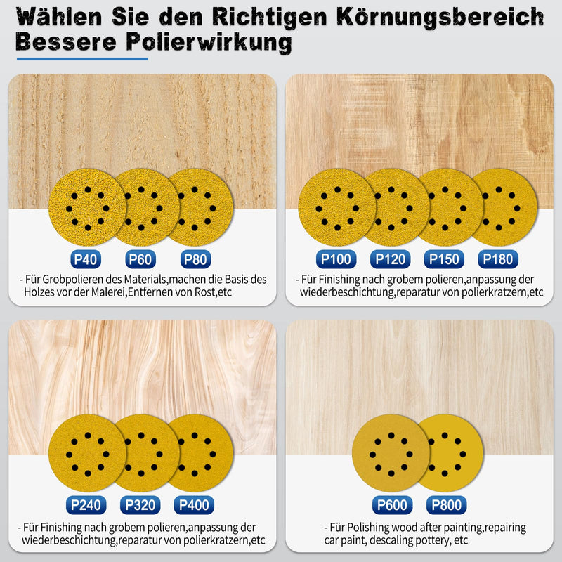 Sanding Discs 125 mm Random Orbital Sandpaper Sandpaper 8 Holes Round Sanding Sheets (with Grain P60 P80 P120 P180 P240 x20) Professional for Wood Metal Rust Removal and Color Pack of 100 High-quality alumina Mixed (P60-P240) pack of 100