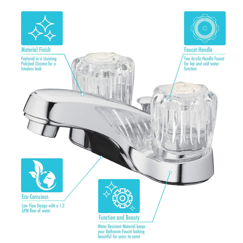 Aqua Vista 10-B421-AV Two Handle Bathroom Sink Faucet, Polished Chrome with Acrylic Round Knobs (Pack of 1)