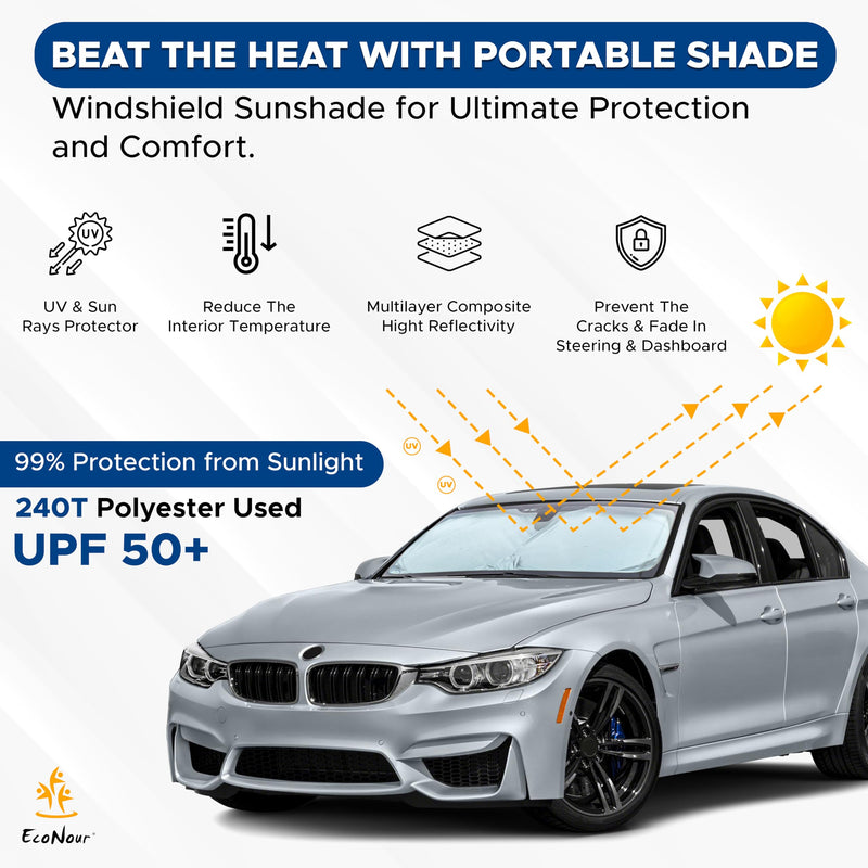 EcoNour Mirror Cut Car Windshield Sun Shade | Foldable Automotive Sun Blocker for Front Windshields | Premium Sun Protection for Cars, Trucks & SUVs | Medium (64" x 32")