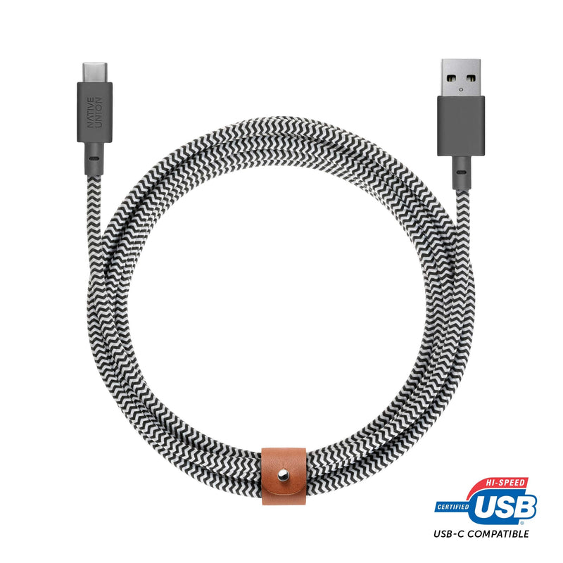 Native Union Belt Cable XL USB-A to USB-C - 10ft Ultra-Strong Charging Cable with Leather Strap for iPhone 17/17 Pro/17e, iPhone Air, Galaxy S26/S25, Z Fold 7/Flip 7, Pixel 10 Pro, iPad Pro (Zebra) Zebra