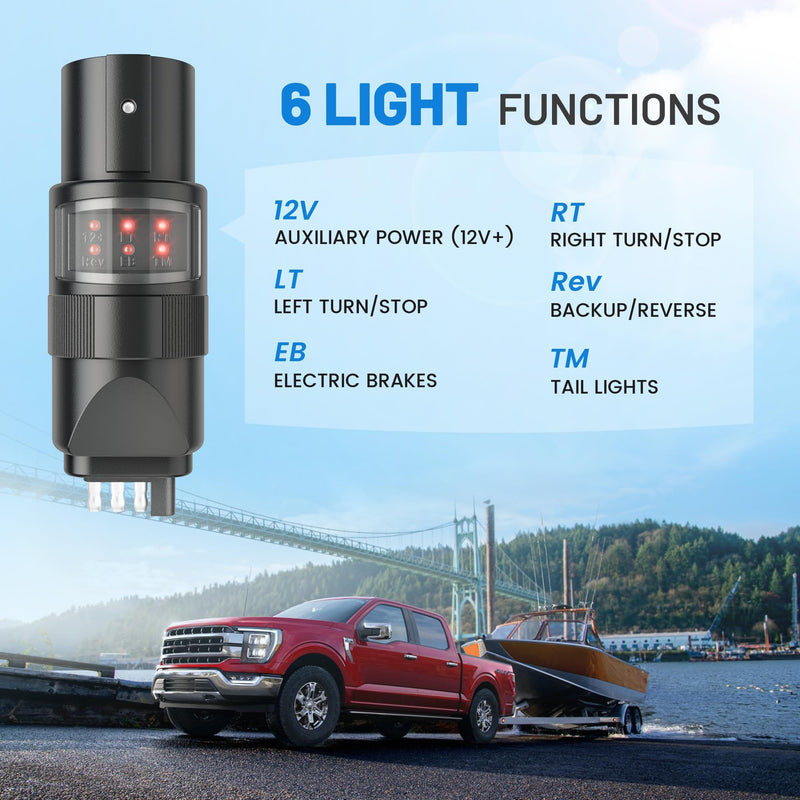 MECMO 360° Rotatable 7 Pin & 4 Pin Circuit Tester Adapter w/ 6 LED Indicators, Swivel 7 Way Blade to 4 Way Flat Connector Plug Tester for RV Pickup Truck Tow Hitch Towing Vehicle Trailer Wiring Socket