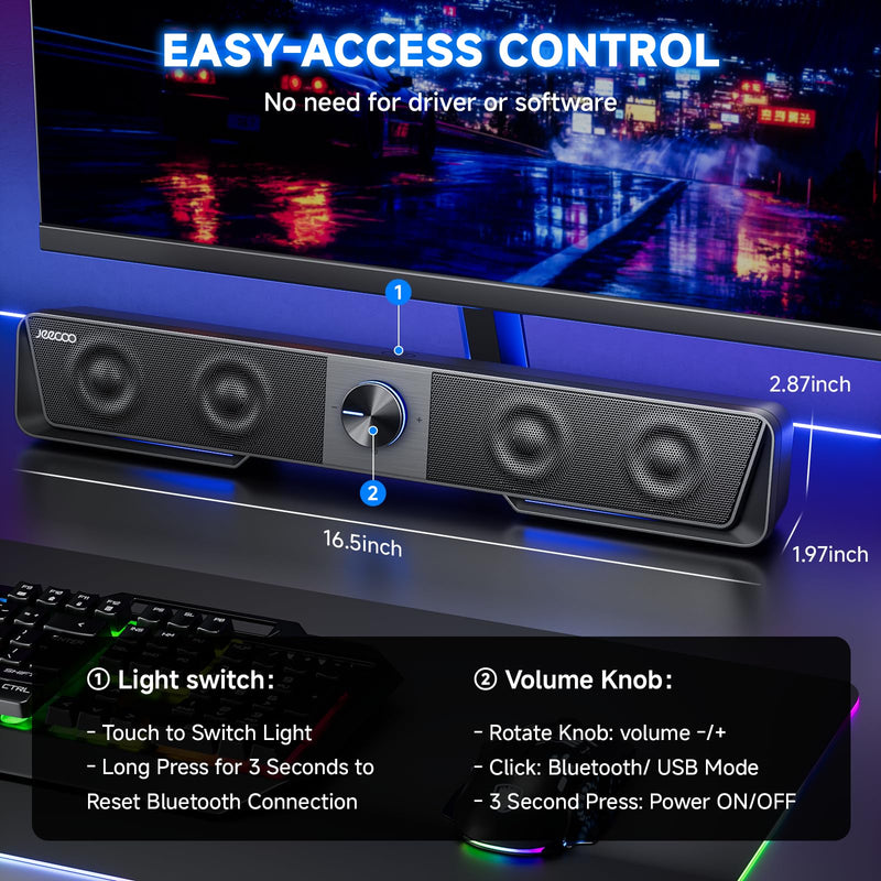 Jeecoo A40 Bluetooth Computer Speakers with Clear Sound, USB Plug & Play PC Speakers with LED Light, Computer Sound Bar with Switch Button for Desktop Laptop Monitor (USB-C Adapter Included) Black